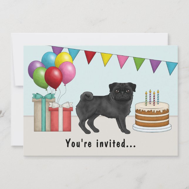 Convite Pug de Cor Preta Cachorro de Desenho Animado Fofo  (Frente)