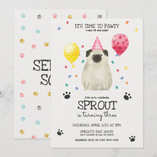 Convite Pug Deixa Cachorro Pawty Voar Rosa