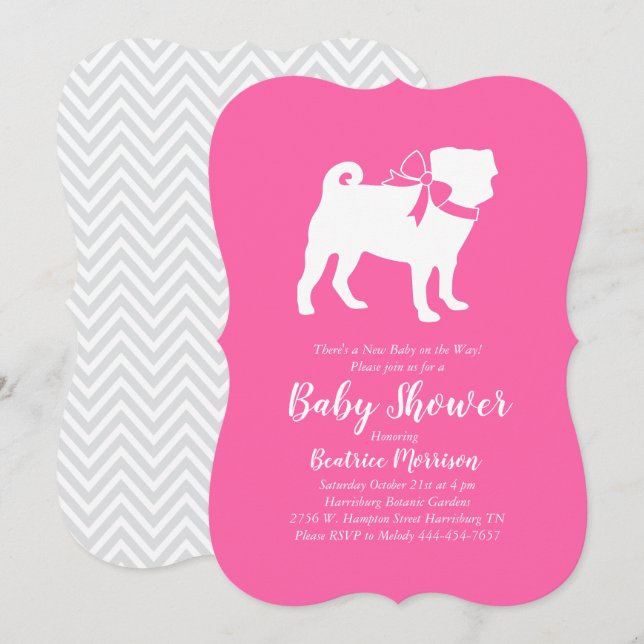 Convite Pug Party Dog Chá de fraldas Puppy Pink Girl (Frente/Verso)