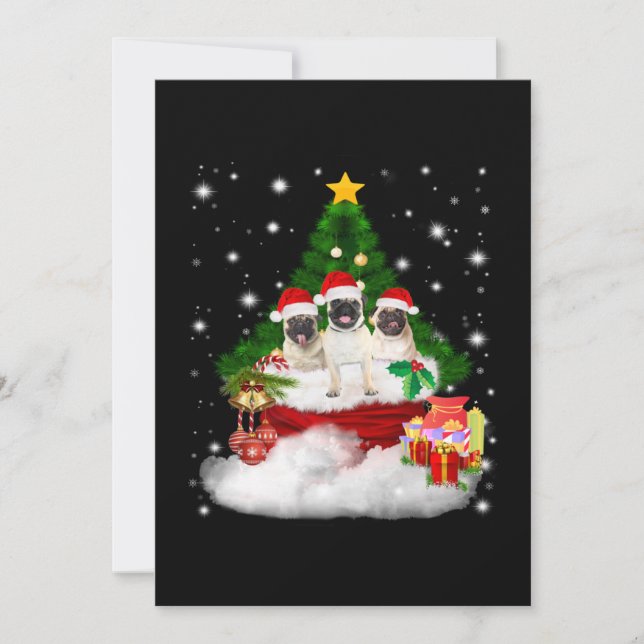 Convite Pug Pug com amigos alegres pela árvore de Natal (Frente)