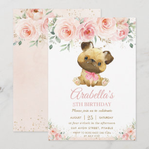 Convite Pug Puppy Dog Blush Pink Floral Girl Birday