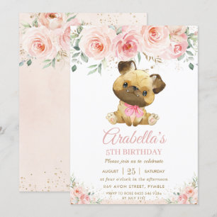 Convite Pug Puppy Dog Blush Pink Floral Girl Birday