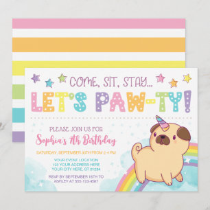 Convite Pug Unicorn Aniversário, Pug Aniversário