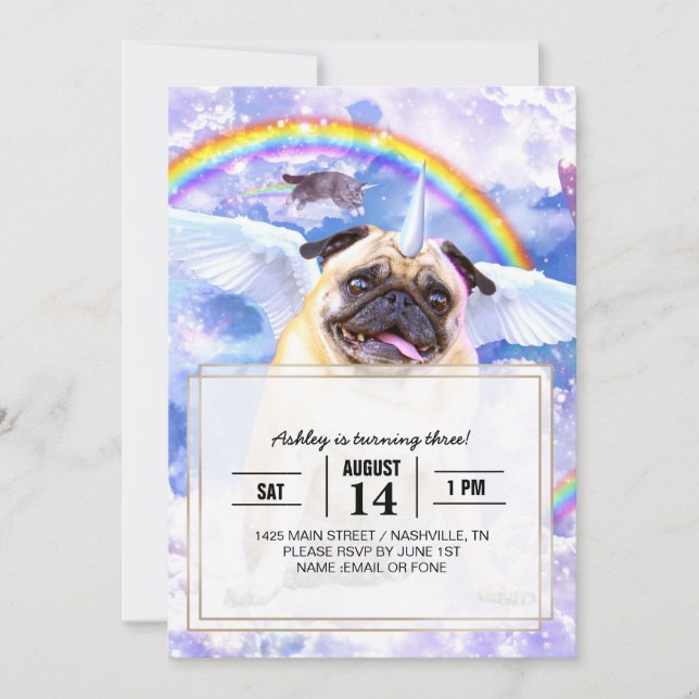 Convite Pug unicorn - Pugicorn bonito (Frente)