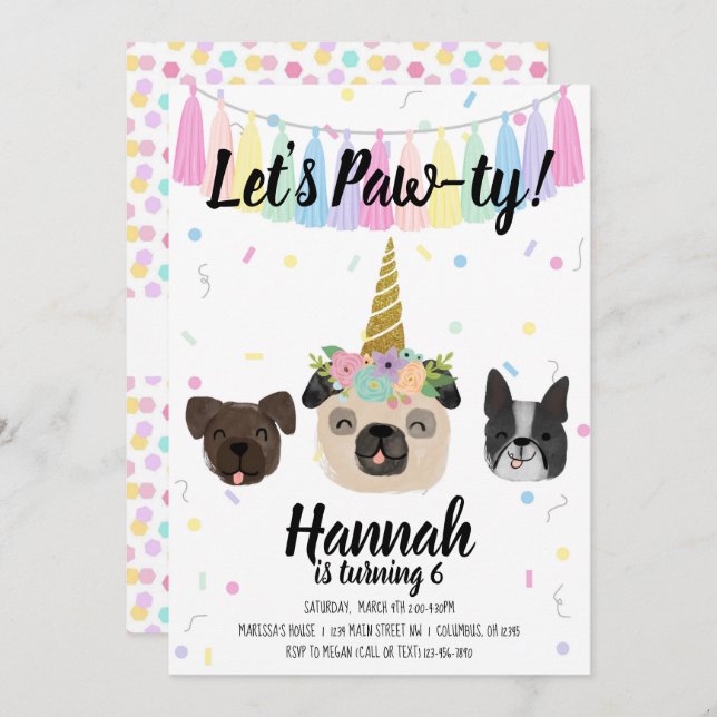Convite Pug Unicorn Puppy Dog Aniversário (Frente/Verso)