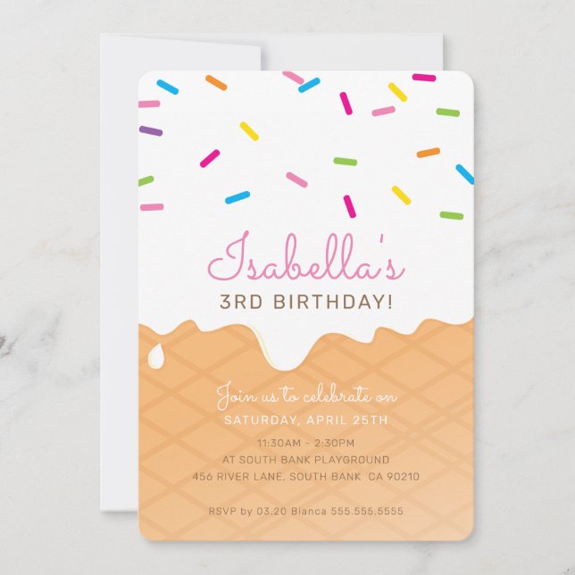 Convite pulverizações cor-de-rosa com cone sorvete da PART (Frente)