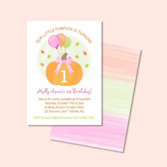 Convite Pumpkin 1 rua Fall First Birthday Girl Party (Little Pumpkin with a bow, Balloons & Leaves in watercolor orange, pink and green)
