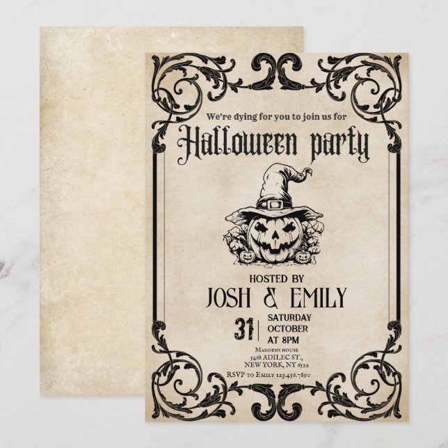 Convite Pumpkin Adulto do Partido Vintage Halloween (Frente/Verso)