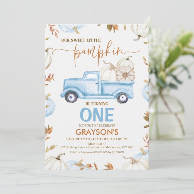 Convite Pumpkin Azul Caminhão Pequeno Pumpkin Aniversário (Em pé/Frente)