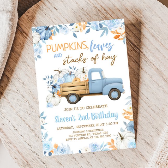 Convite Pumpkin Azul Caminhão Queda Aniversário (Blue Pumpkin Truck Fall Floral Birthday Invitation)
