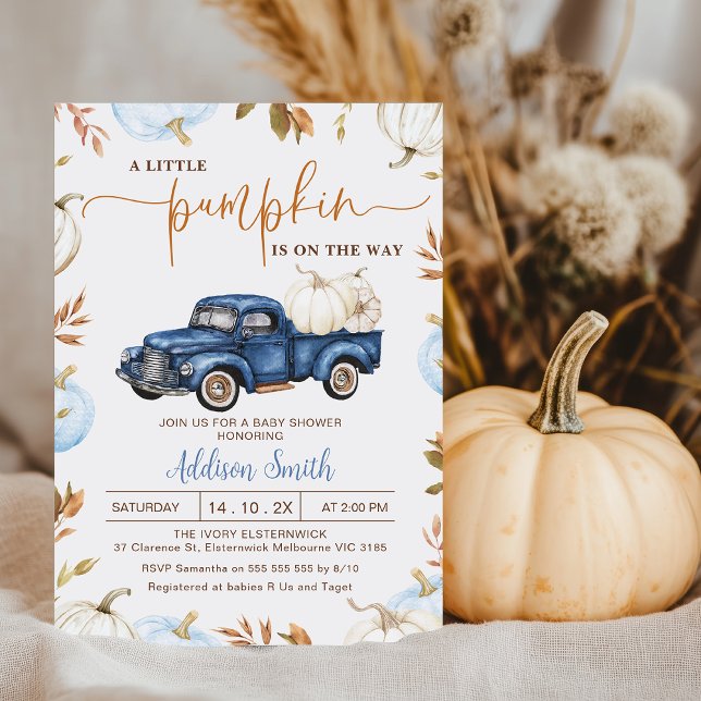 Convite Pumpkin Azul Pequeno Chá de fraldas Pumpkin (Boys Little Pumpkin Baby Shower Invitation Template, Fall Blue Pumpkin Truck baby Shower Invite)
