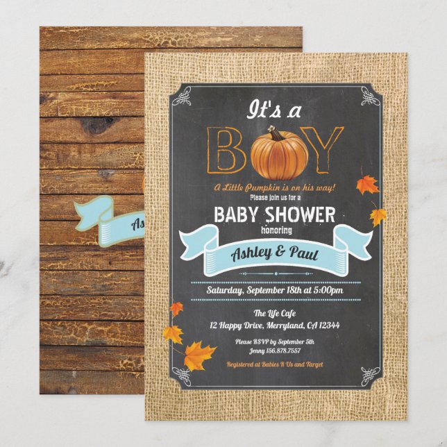 Convite Pumpkin baby boy chá burlap wood chalé (Frente/Verso)