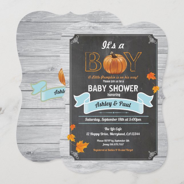 Convite Pumpkin baby boy chá rústico quadro de madeira (Frente/Verso)