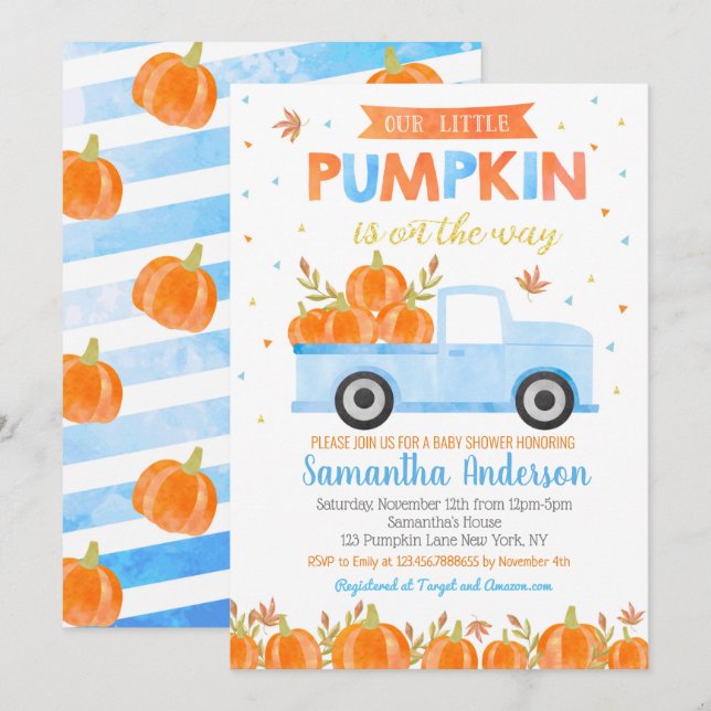 Convite Pumpkin Baby Shower Invasores Blue Truck Boy (Frente/Verso)