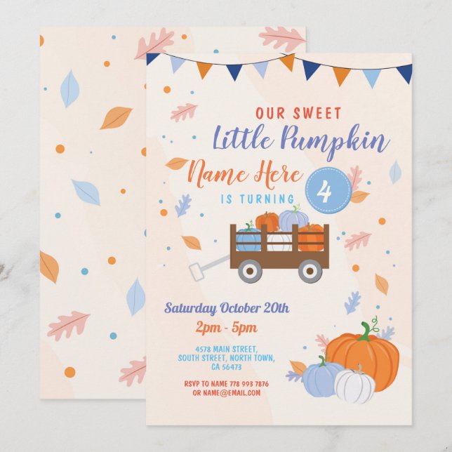 Convite Pumpkin Birthday Conite Fall Boy Blue Trailer (Frente/Verso)