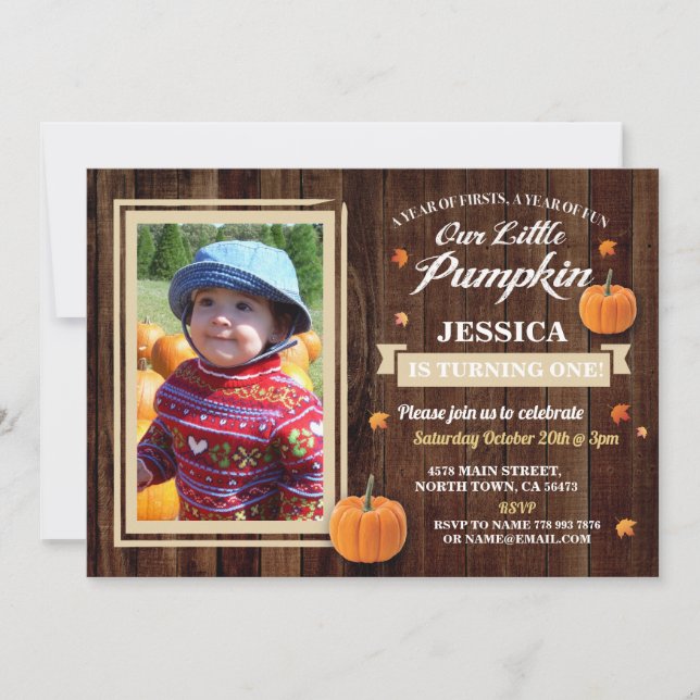 Convite Pumpkin Birthday One Photo Girl Fall 1 rua Invite (Frente)