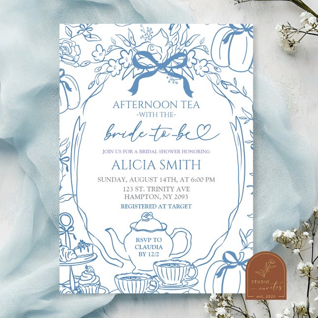 Convite  Pumpkin Blue Bow Toile Bridal Shower Tea Party (Criador carregado)