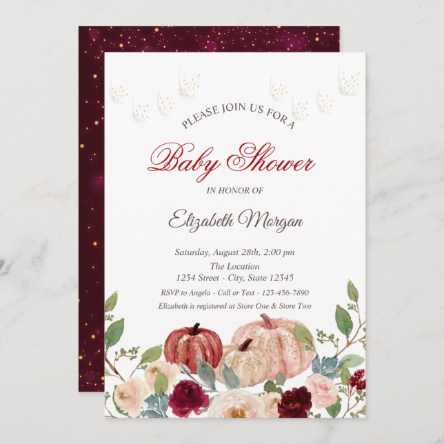 Convite Pumpkin Borgonha,Luzes,Chá de fraldas Floral (Frente/Verso)