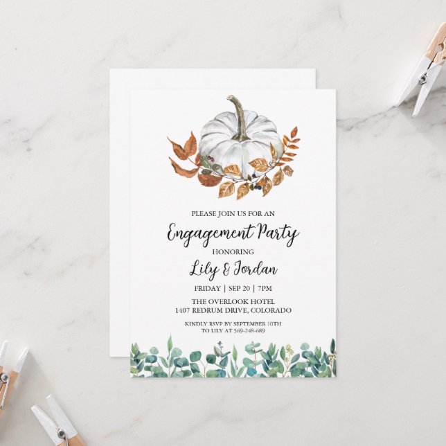 Convite Pumpkin branco e Festa de noivado verde (Frente/Verso In Situ)