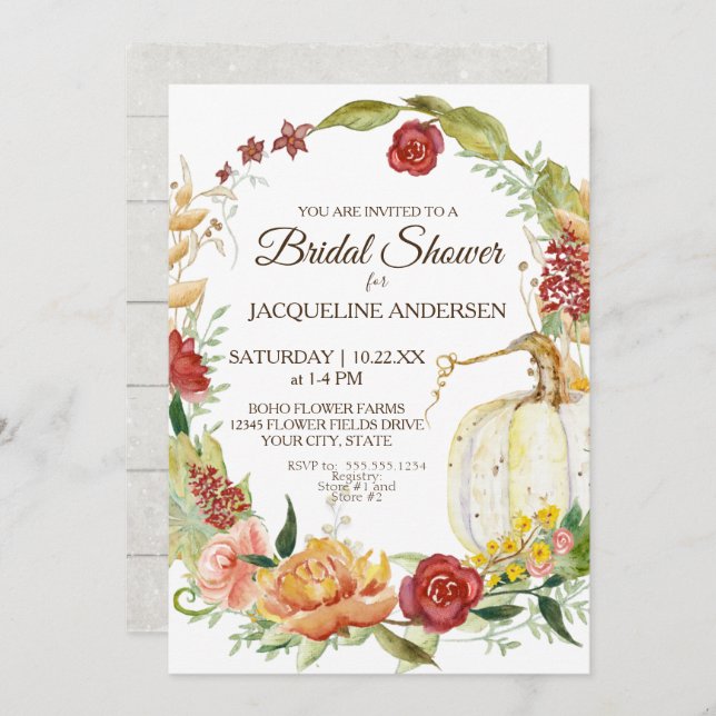 Convite Pumpkin branco Floral de Chá de panela 5x7 queda (Frente/Verso)