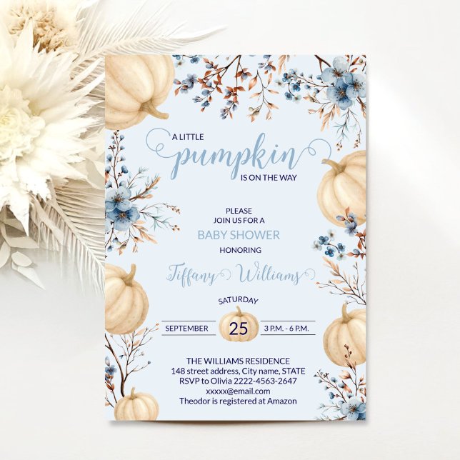 Convite Pumpkin cai em flores silvestres (Blue boy Rustic Pumpkin Baby Shower Invitation | Neutral Fall Floral Autumn Theme)