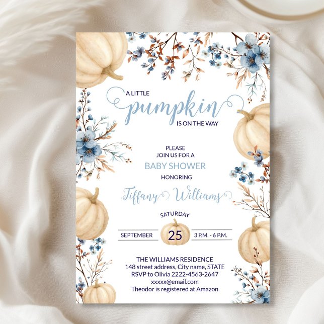 Convite Pumpkin cai em flores silvestres (Blue Rustic Pumpkin Baby Shower Invitation | Neutral Fall Floral Autumn Theme)