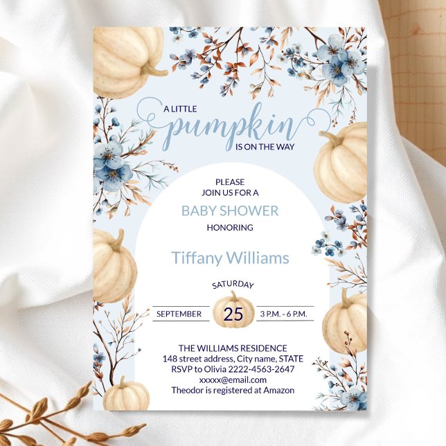Convite Pumpkin cai em flores silvestres (Blue Rustic Pumpkin Baby Shower Invitation | Neutral Fall Floral Autumn Theme)