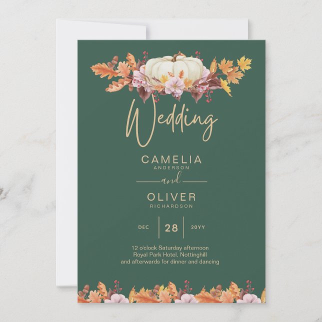 Convite Pumpkin Casamento Dourado Verde de Abóbora no Orça (Frente)
