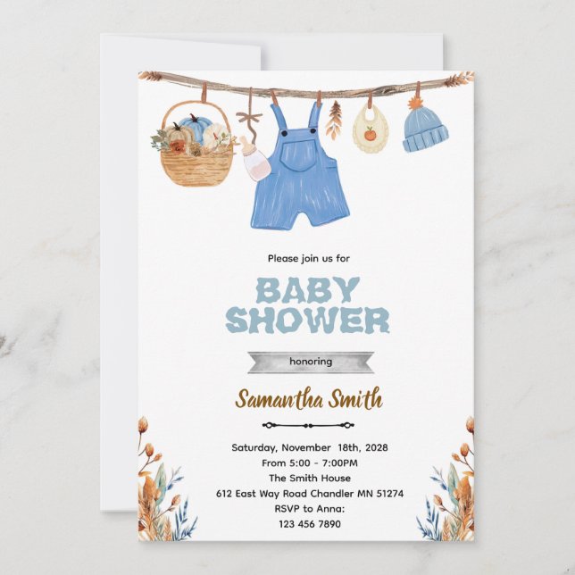 Convite Pumpkin clothesline boy baby shower invitation  (Frente)