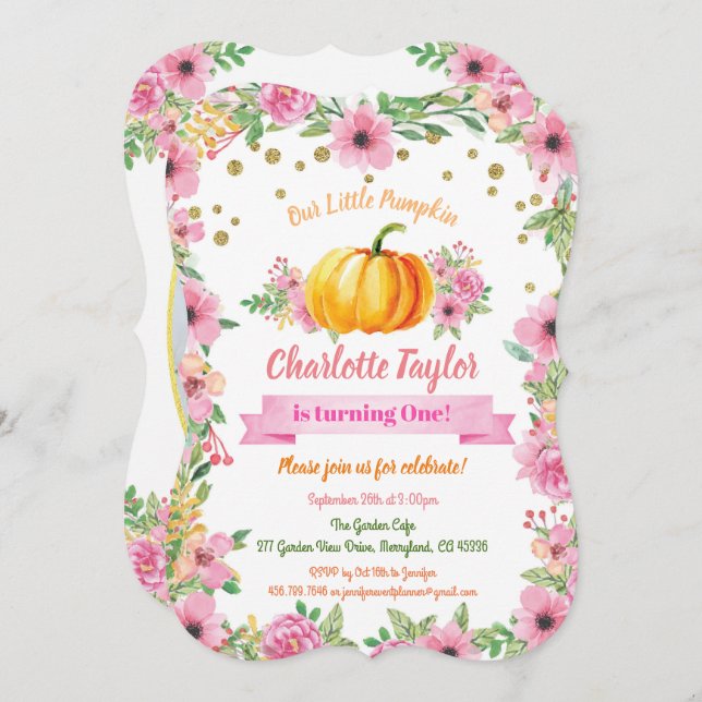 Convite Pumpkin cor-de-rosa com foto de primeiro aniversár (Frente/Verso)