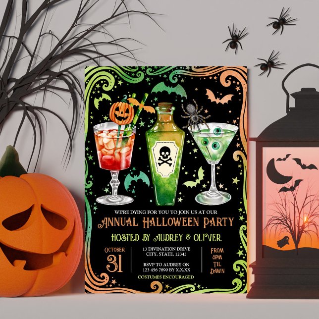 Convite Pumpkin do Partido dos Cocktail do Halloween + Poç (Annual Halloween Cocktail Party Green and Orange Invitation)