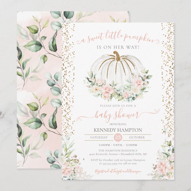 Convite Pumpkin Doce, Chá de fraldas de outono rosa (Frente/Verso)