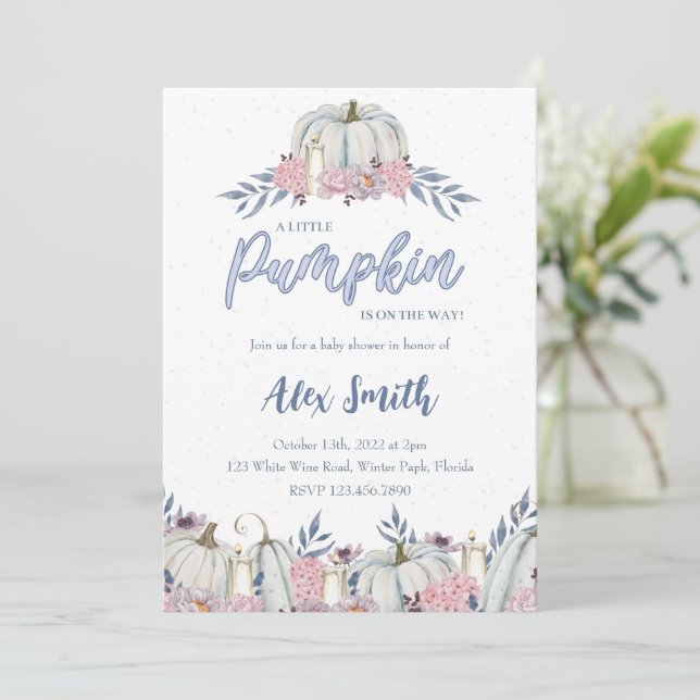 Convite Pumpkin Dusty Blue Chá de fraldas (Em pé/Frente)