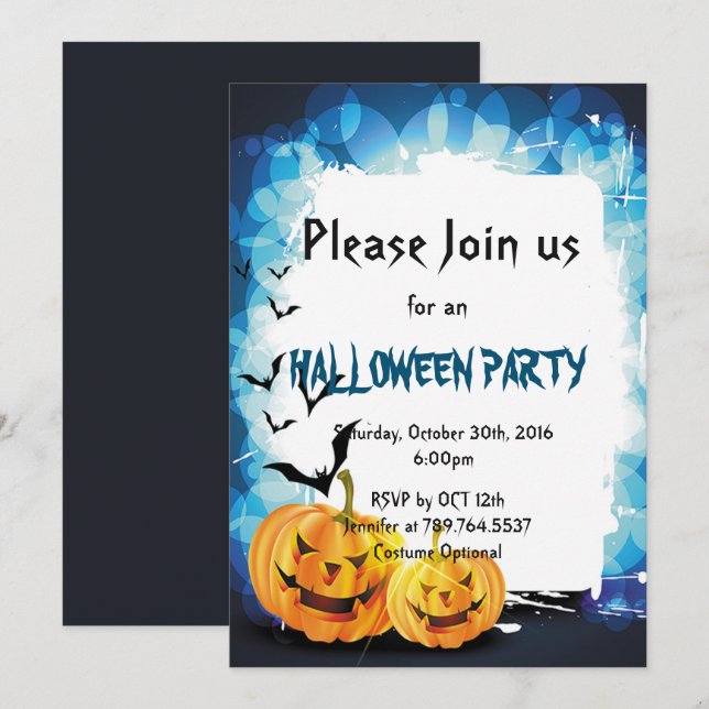 Convite Pumpkin e morcegos Festa de Halloween (Frente/Verso)