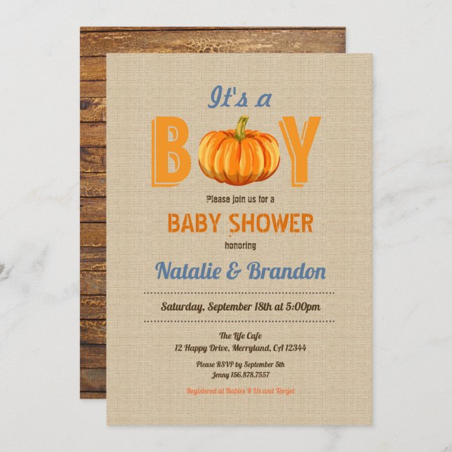 Convite Pumpkin é um chá de fraldas de crianças (Frente/Verso)