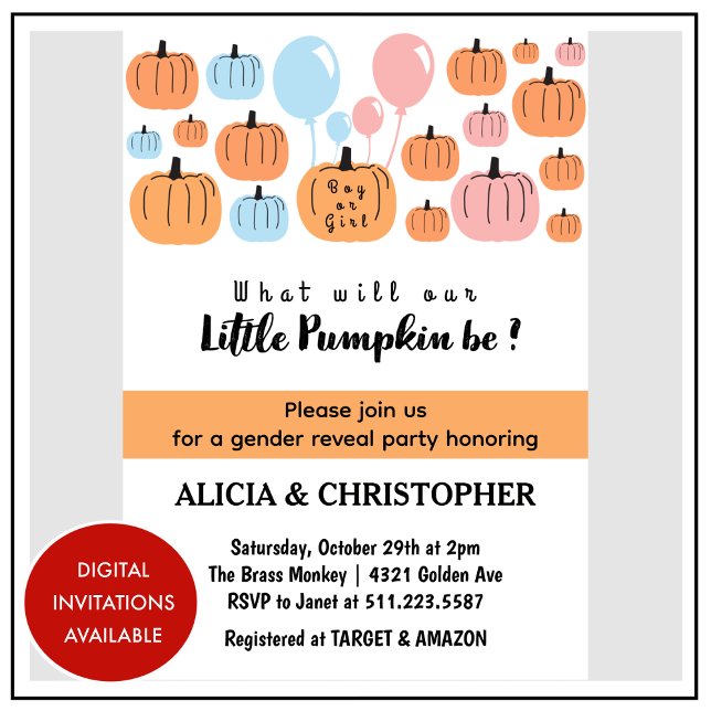 Convite Pumpkin Ele ou Ela Revelam o Gênero do Dia das Bru (Pumpkin-He-or-She-Halloween-Gender-Reveal-Invitation-1)