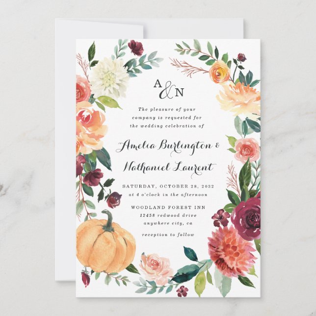 Convite Pumpkin Elegant Fall Floral Themed Weding (Frente)
