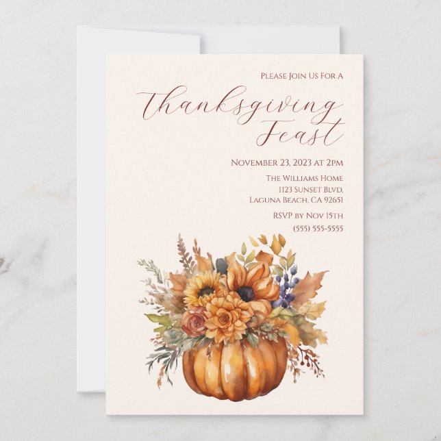 Convite Pumpkin Elegante de Ação de Graças com Flores (Frente)