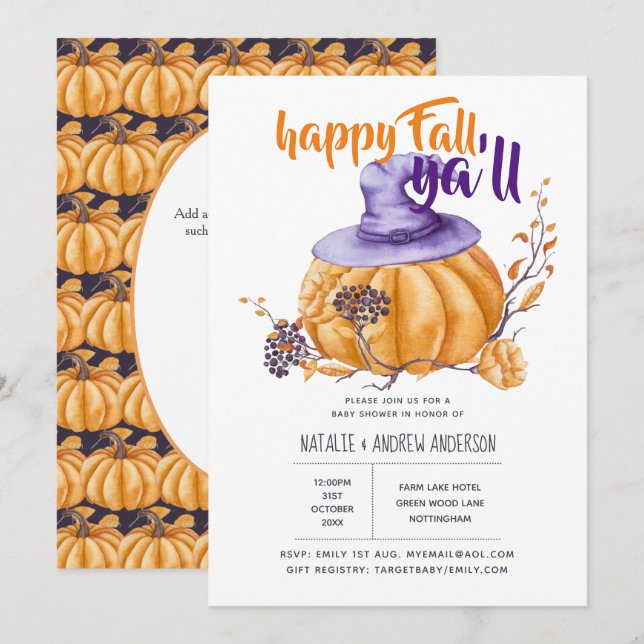 Convite Pumpkin Fall Chá de fraldas Halloween Org/Purga (Frente/Verso)