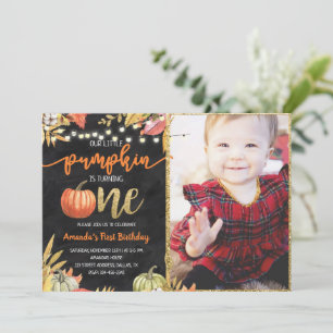 Convite Pumpkin Fall Chalkboard Primeiro Aniversário