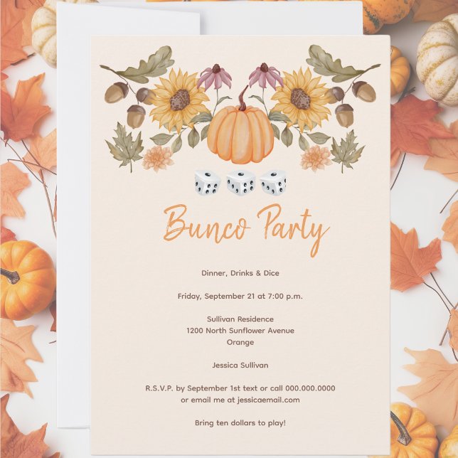Convite Pumpkin Fall Floral Dice Bunco (Fall September, October or November Bunco party invitation. Sunflowers with pumpkins. )