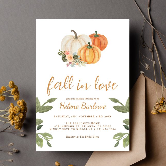 Convite Pumpkin Fall In Love Chá de panela (Pumpkin Floral Fall In Love Bridal Shower Invitation)