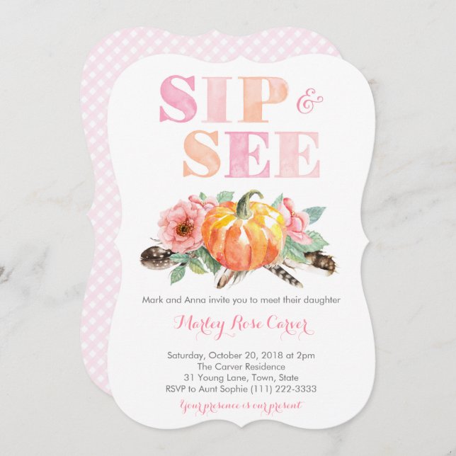 Convite Pumpkin Fall Sip and See New Baby Party (Frente/Verso)