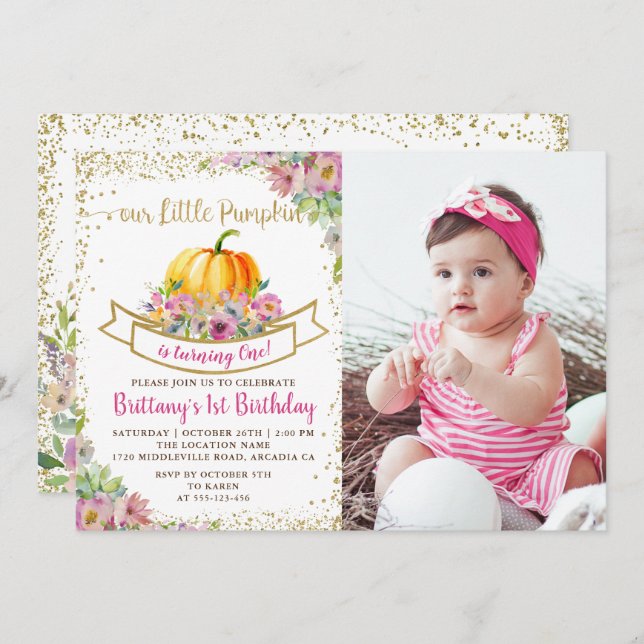 Convite Pumpkin Floral Cor-de-Rosa Foto de Aniversário da  (Frente/Verso)