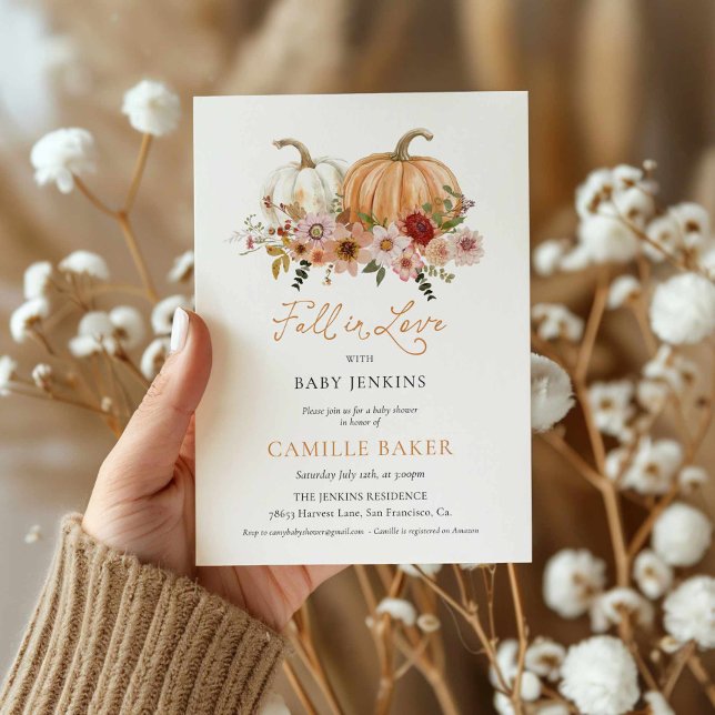 Convite Pumpkin Floral Fall in Love with Chá de fraldas (Fall in Love with Baby Pumpkin Floral Invitation)