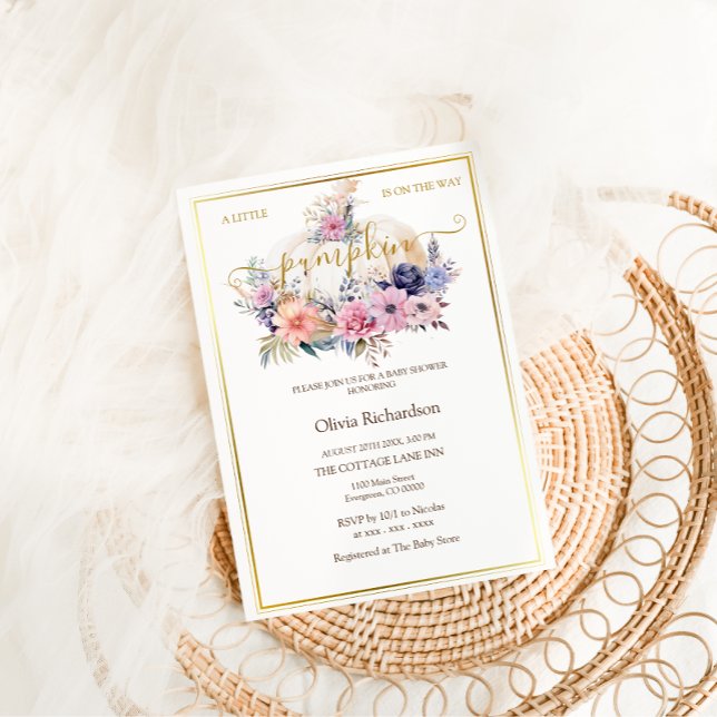 Convite Pumpkin Floral Gold Foil Baby Girl Chá (Criador carregado)