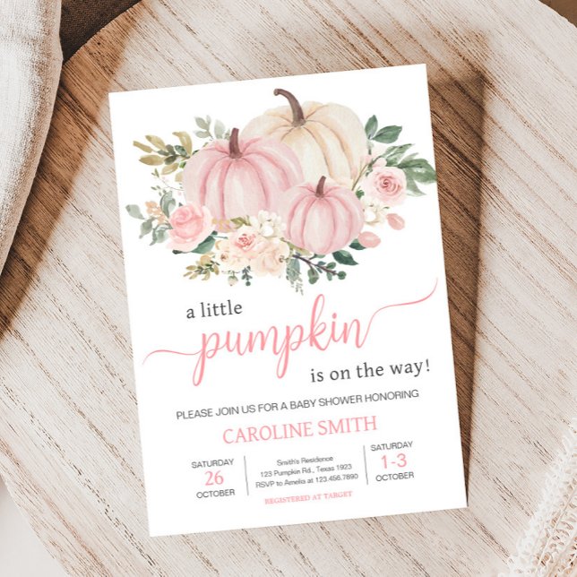 Convite Pumpkin Floral Rosa (Fall Pumpkin Baby Shower Invitation
)