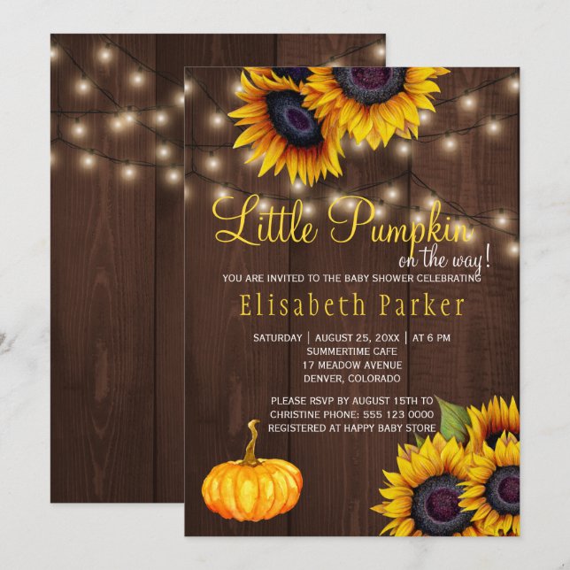 Convite Pumpkin Girassóis Flores Rústicas Chá de fraldas d (Frente/Verso)