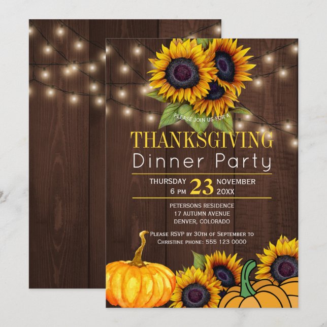 Convite Pumpkin Girassóis Rustic Barn Wood Ação de Graças (Frente/Verso)