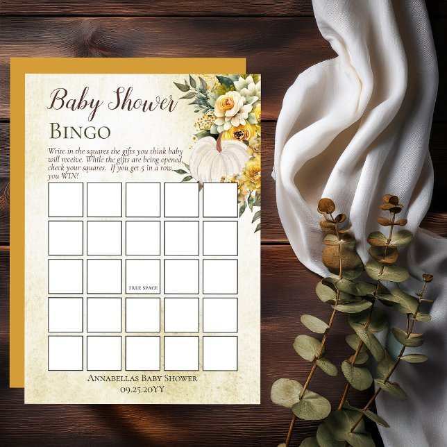 Convite Pumpkin Harvest | Bingo de Chá de fraldas Floral D (White Pumpkin and Gold Floral Baby Shower Bingo Game Print | Digital - Little Pumpkin Collection)